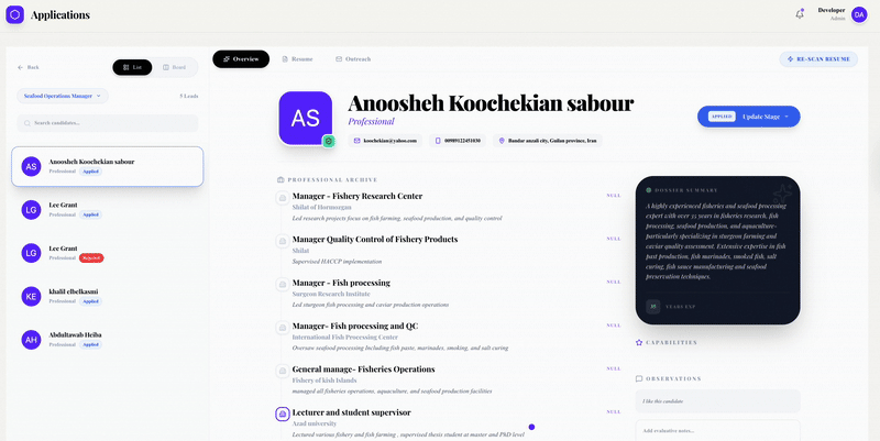 Candidate management interface showing applications and resume details