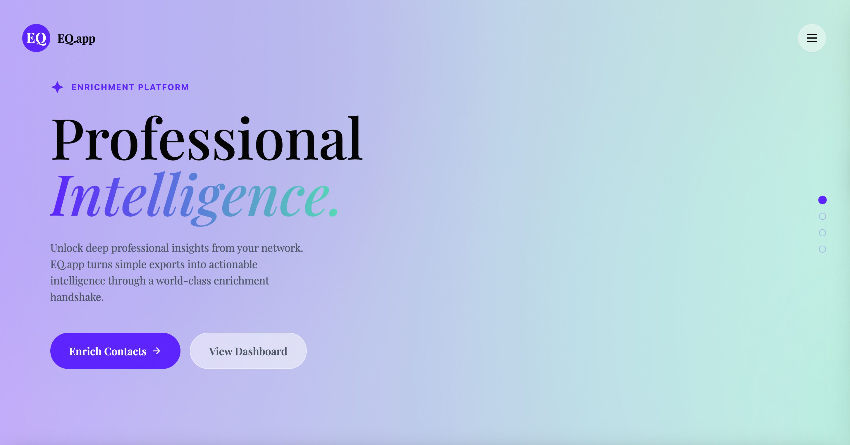 EQ Enrich platform showing Professional Intelligence interface with enrichment options
