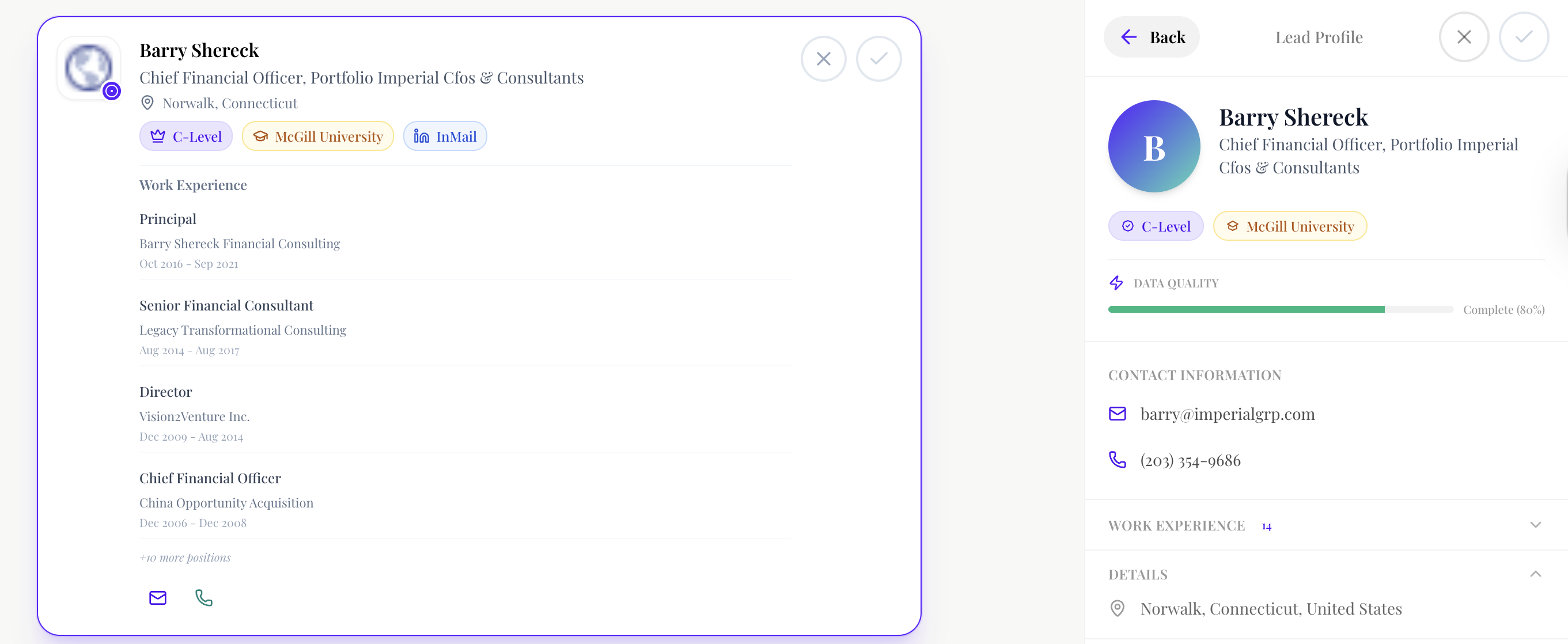 Scout comprehensive profile view showing Barry Shereck's complete professional profile with work experience, contact information, and data quality indicators
