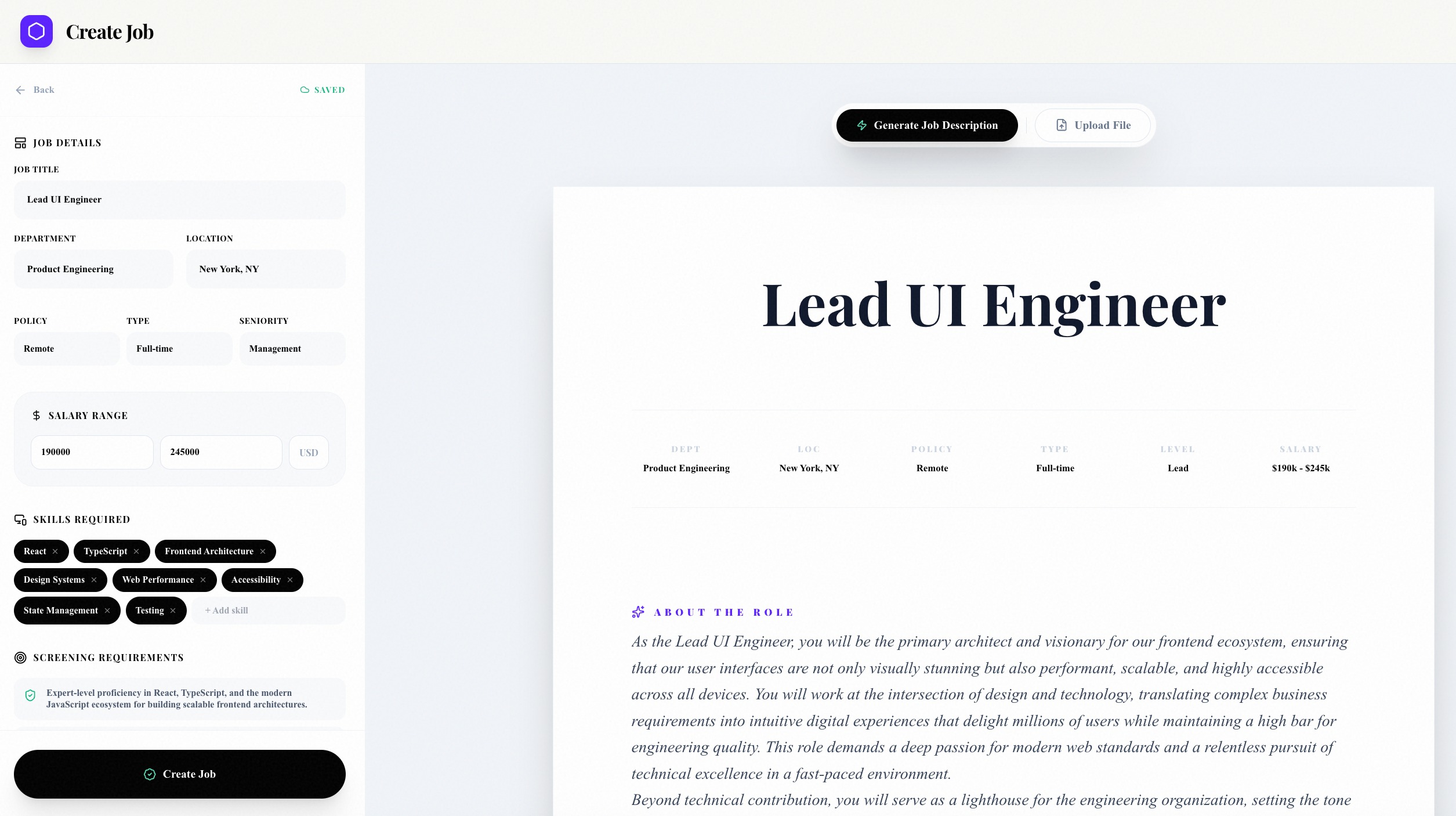 AI Job Builder interface showing job creation form and generated description